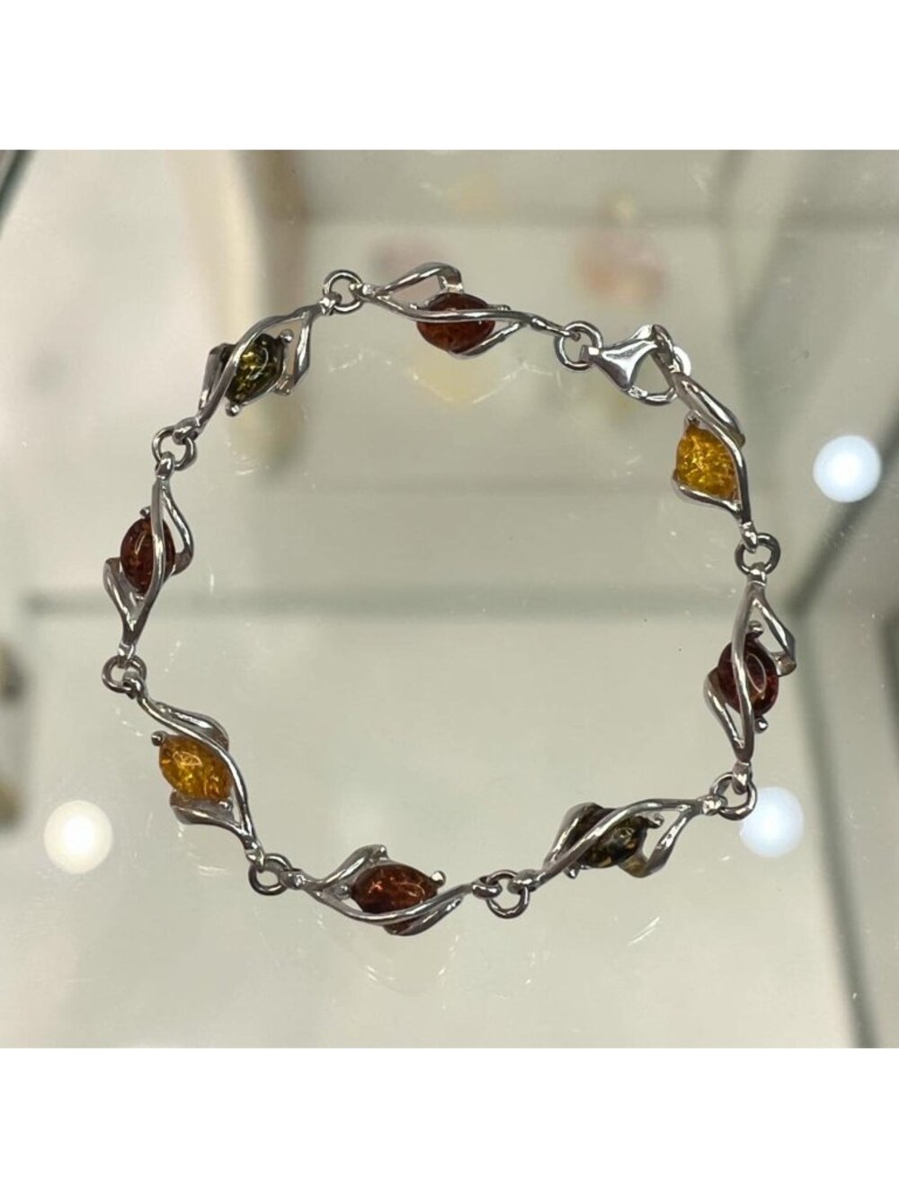Amber & 925 Sterling Silver Bracelet 7" Elegant Womens Fine Jewelry